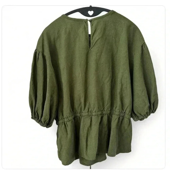 WHO WHAT WEAR Women's Linen Puff Sleeves Fairy Boho Green Peplum Top Size L - Picture 3 of 8